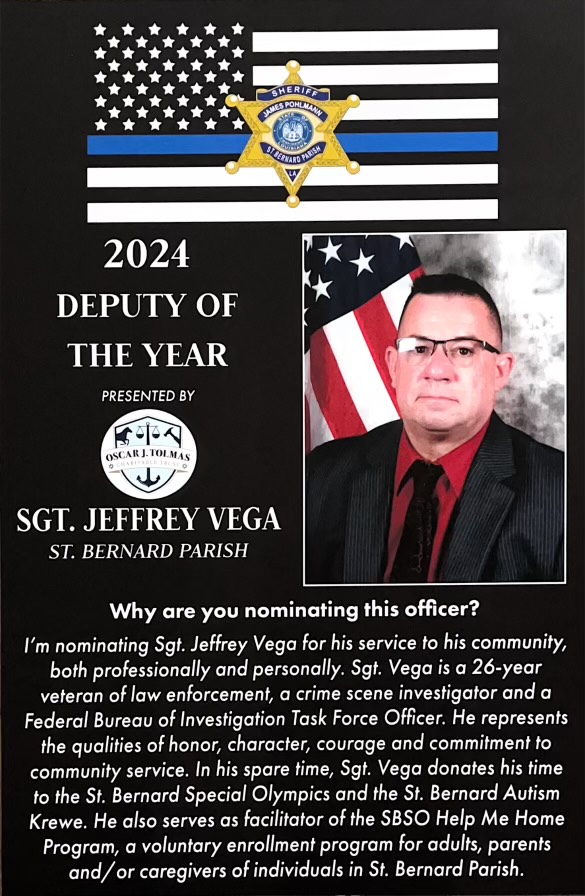 SBSO DETECTIVE SGT. JEFFREY VEGA RECEIVES CRIMESTOPPERS AWARD 

St. Bernard Sheriff’s Office Detect