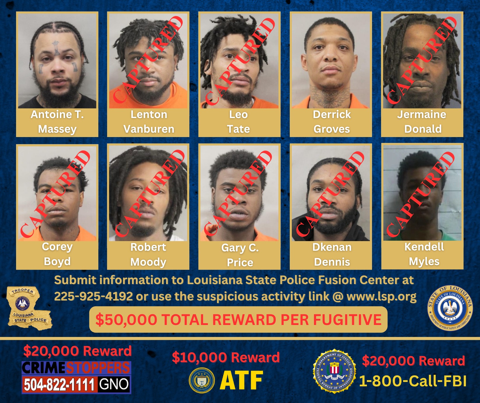 **REWARD INCREASE to $50,000 per fugitive**