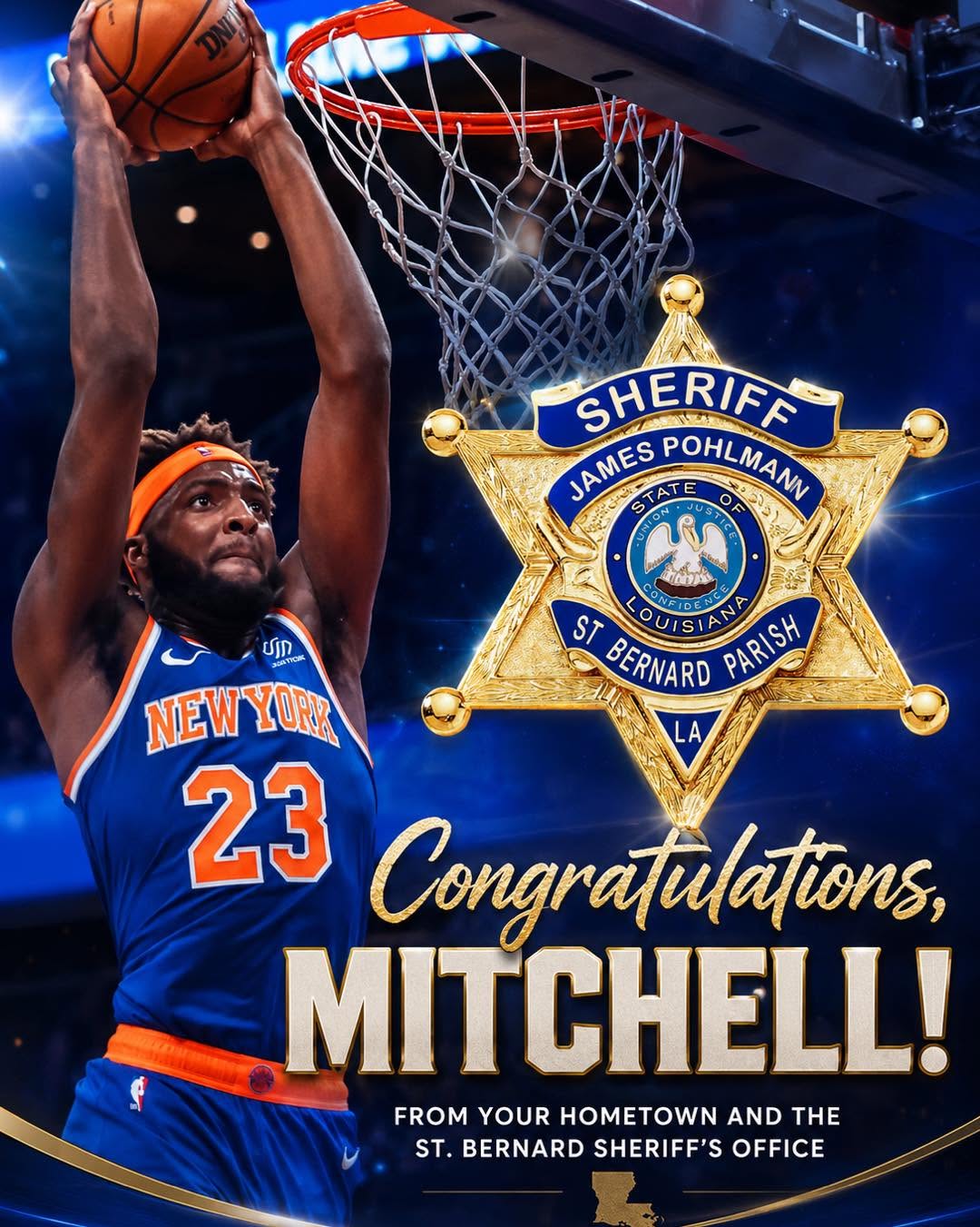 SBSO CONGRATULATES MITCHELL ROBINSON ON NBA CHAMPIONSHIP

Sheriff James Pohlmann and the members of