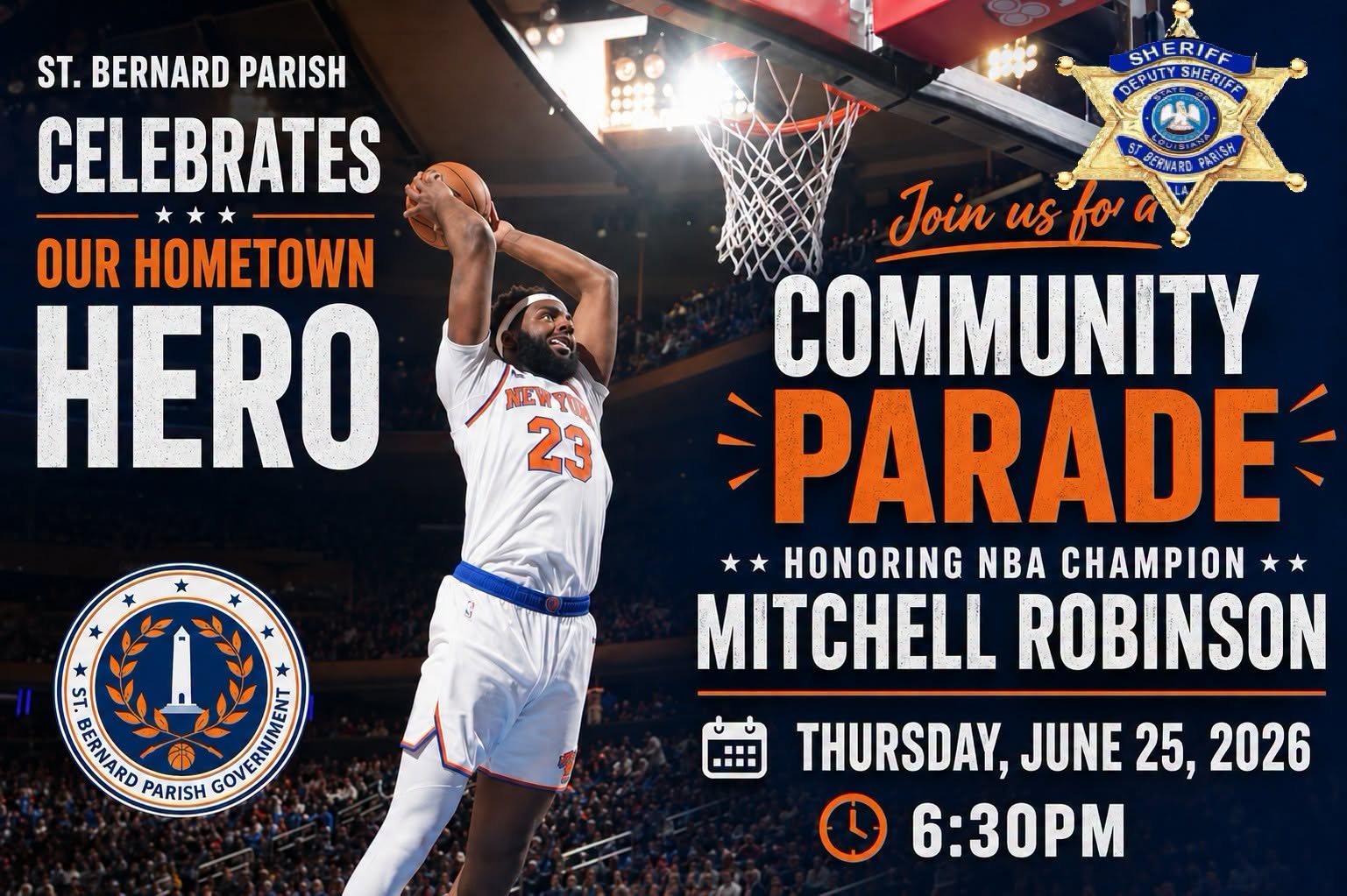 SBSO TRAFFIC PLAN FOR THURSDAY'S MITCHELL ROBINSON PARADE 

The St. Bernard Sheriff’s Office will p